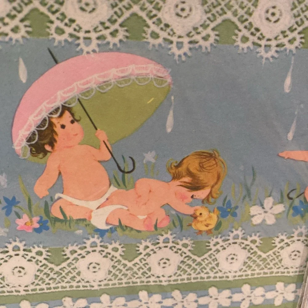 Vintage‎ Gift Wrap Lot Sheet Babies Baby Shower Bunnies Pleasant Thoughts